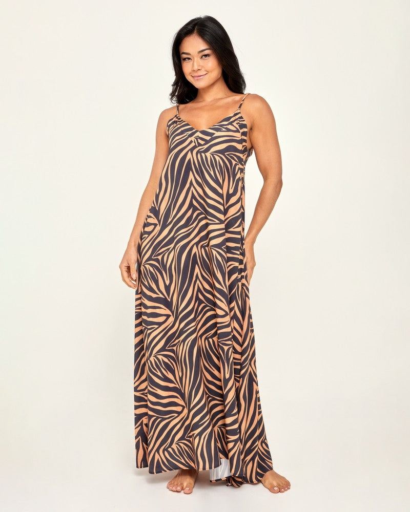 VESTIDO LONGO ALCINHA HAWAI ZEBRA PRETO